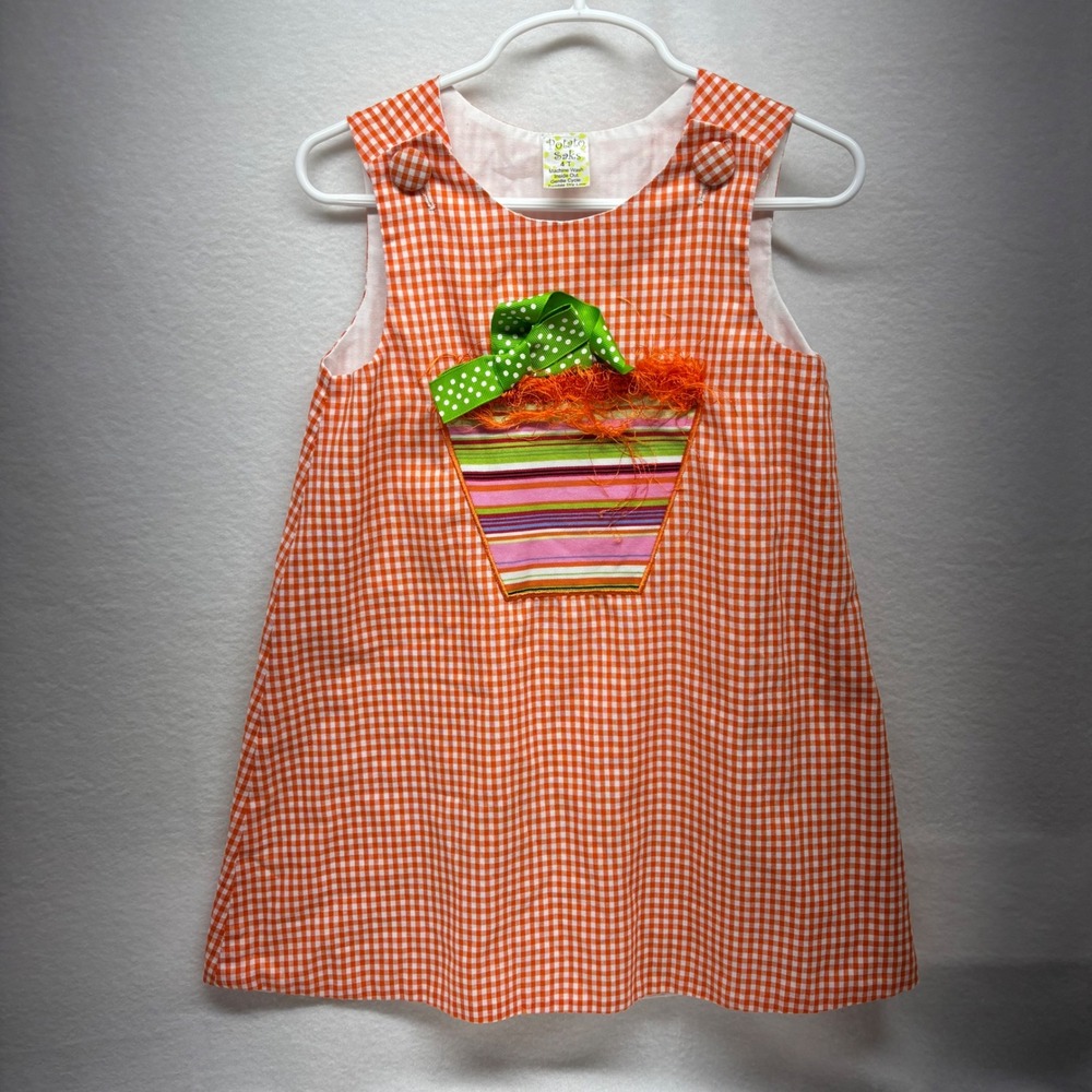Potato Saks‎ Orange Gingham Carrot Applique Dress Kids Size 4T Easter Spring